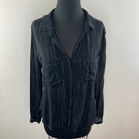 BELLA DAHL Black/White Top Polka Dot Button-Up Collar Front Pocket Long Sleeve M - Picture 2 of 8